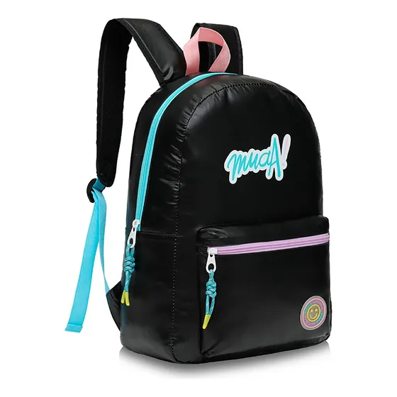 Mochila Escolar Muaa Negro O Plateado Metalizada 17590 Diseño De La Tela Liso