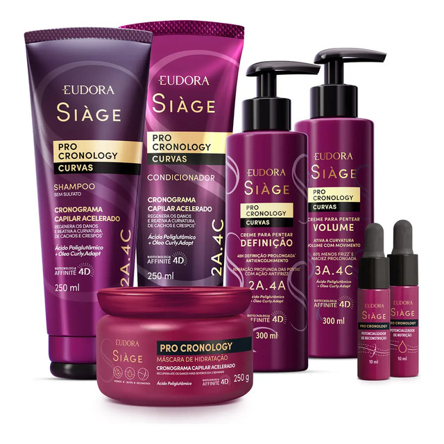 Kit completo de 7 produtos Eudora Siàge Pro Cronology Curvas, incluindo shampoo, condicionador, máscara, cremes de pentear e ampolas, dispostos sobre fundo branco.