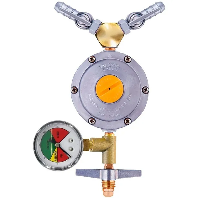 Regulador C/ Registro De Gás 2kg/h Para Botijão 13kg Com Saida Dupla E Manômetro Marca Cheio E Vazio