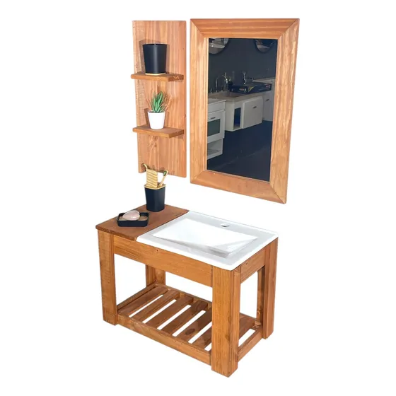 Vanitory Rustico Colgante De 60cm + Bacha Blanca Y Espejo