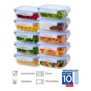 Kit Potes Marmita Vidro 640ml Retangular Hermético 640ml