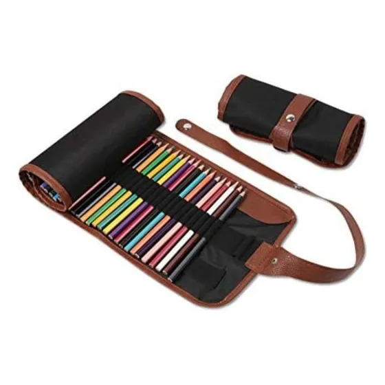 Estuche Para 36 Lápices O Brochas Negro Café Tipo Cuero