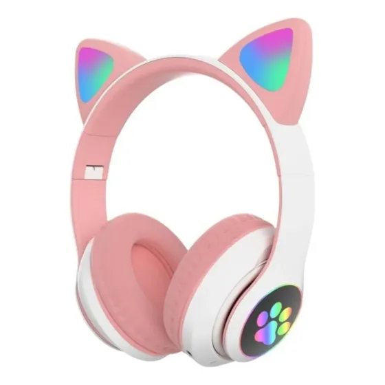 Fone Gatinho Headset Sem Fio Led Bluetooth Infantil Meninas Cor Rosa