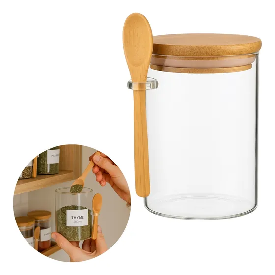 Frascos De Vidrio Recipientes Envases Tapa Bambu+cuchara 1l