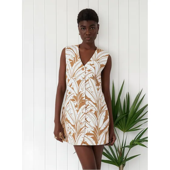 Vestido Iódice Curto Decote V Com Botão Marrom