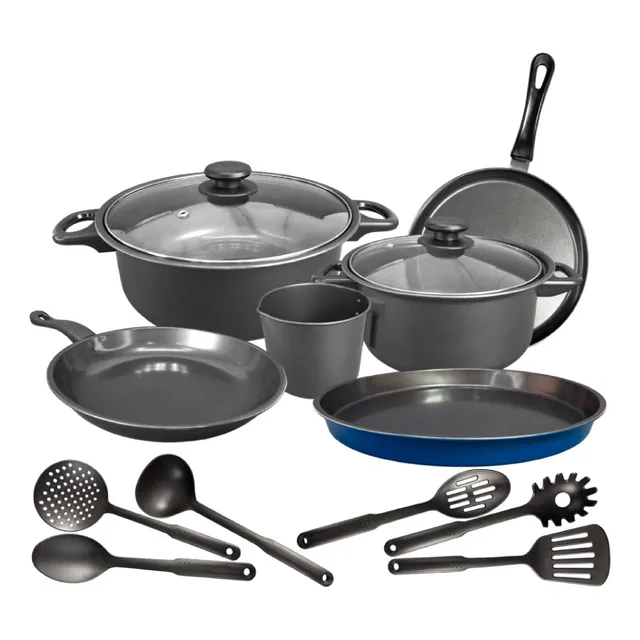Set De Cacerola Olla Sarten Jarro Pizzera Utensillos Teflon Antiadherente Acero Carbono Bateria Cocina Super Oferta Bz3