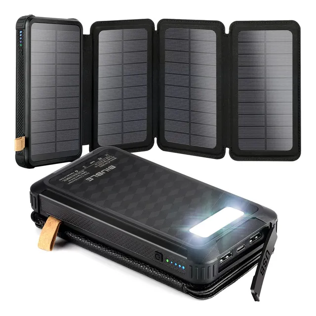 Biuble Power Bank Solar Portátil 30000mah Batería 4 Páneles Solares Color Negro