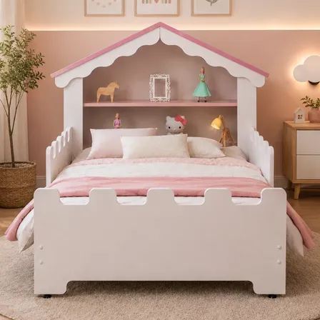 Cama Infantil Quarto Menina Casinha Princesa Com Colchão Branco Com Rosa Princesas