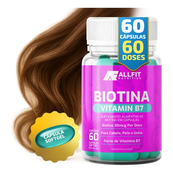 Suplemento Vitamina Capilar Crescimento Cabelo, Pele E Unha Biotina 100% Pura 60 Capsulas B7 Vitamin 30 Mcg - Allfit Nutrition