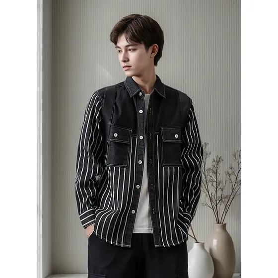 Camisa E Casaco Casuais Masculinos, Estilo Bloquinho De Cor 