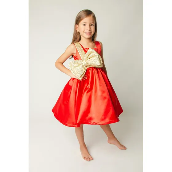 Vestido Monikerias Rojo Raso Con Lazo Dorado
