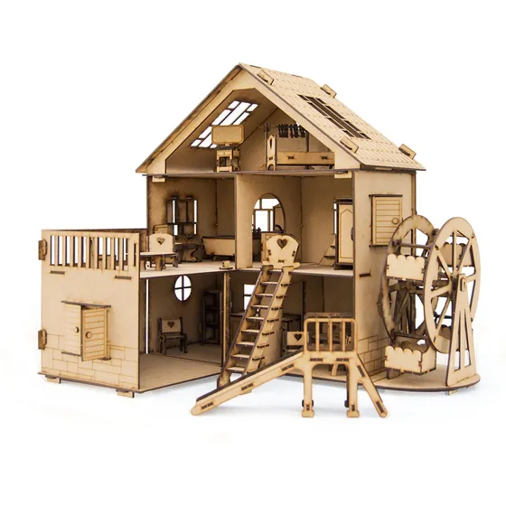 Casita Casa De Muñeca Vuelta Al Mundo 32 Muebles Fibrofacil Color Natural
