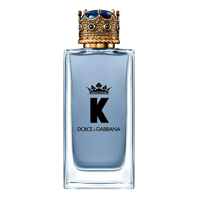 Frasco de perfume masculino K by Dolce & Gabbana de 150ml com tampa em formato de coroa dourada e líquido azulado