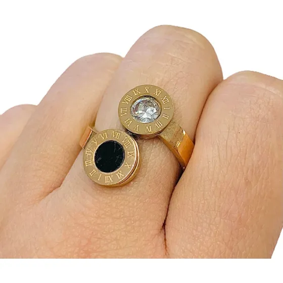 Anillo Doble Con Onix Y Piedra Acero Baño De Oro Rose