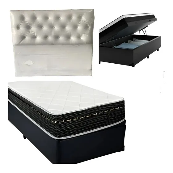 Cama Com Baú Solteiro E Cabeceira + Colchão Eagle Luckspuma