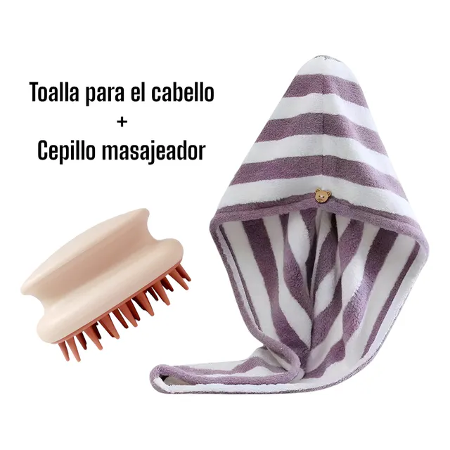 Toalla Para El Cabello + Cepillo Masajeador De Silicón