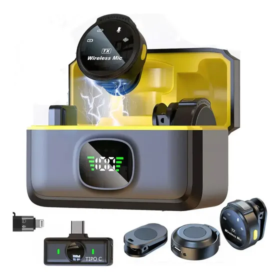 Micrófono Inalámbrico De Solapa Profesional Clip Magnético Para Celular Puerto Usb Tipo C Y Adaptador Para iPhone Lightning, Reducción Del Ruido, Pantalla Digital, Estuche De Carga, Pequeño Y Con Imán | Cuotas sin interés