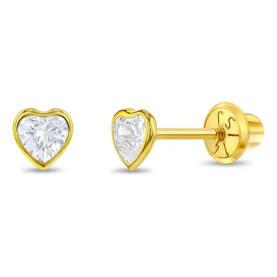 Aros De Corazón De Oro 14k Y Circón Para Bebes Y Niñas