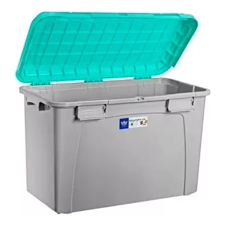 Caja Organizadora Baul Con Ruedas Almacenamiento 123 Lts Gris Con Tapa Turquesa