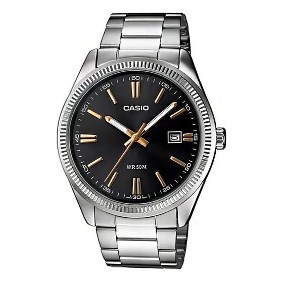 Reloj Casio Modelo Mtp-1302 Metal Carátula Negra Color de la correa Plateado Color del bisel Plateado Color del fondo Negro