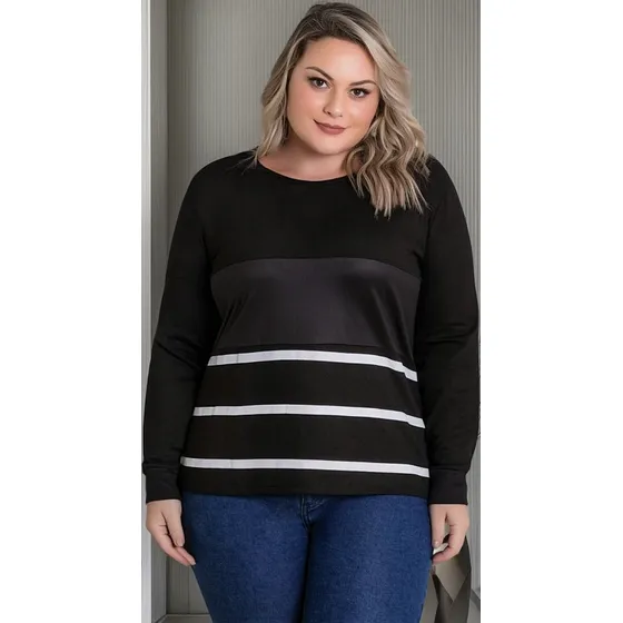 Blusa Feminina Preta Plus Size C/ Listras Cirrê Em Moletinho