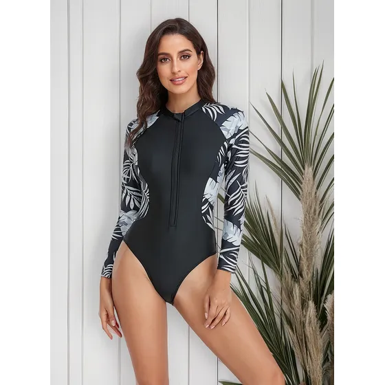 Traje De Baño Manga Larga Floral Una Pieza Para Mujer