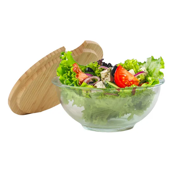 Tazon Bowl Ensaladera Vidrio Recipiente Con Tapa De Madera