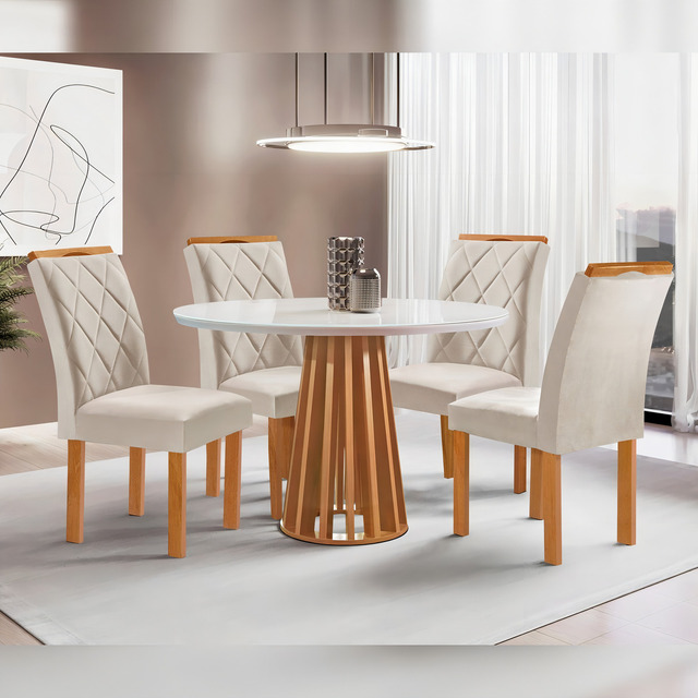 Conjunto Mesa Tampo Redondo Plus Vidro Kansas 100cm 4 Conjunto Mesa Tampo Redondo Plus Vidro Kansas 100cm 4