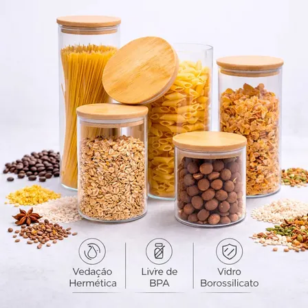 Kit 5 Potes De Vidro Herméticos Com Tampa De Bambu Para Mantimentos Alimentos Grãos Café Massas Cereais Cozinha Com Vedação Hermética Vidro Borossilicato Livre Bpa Transparente