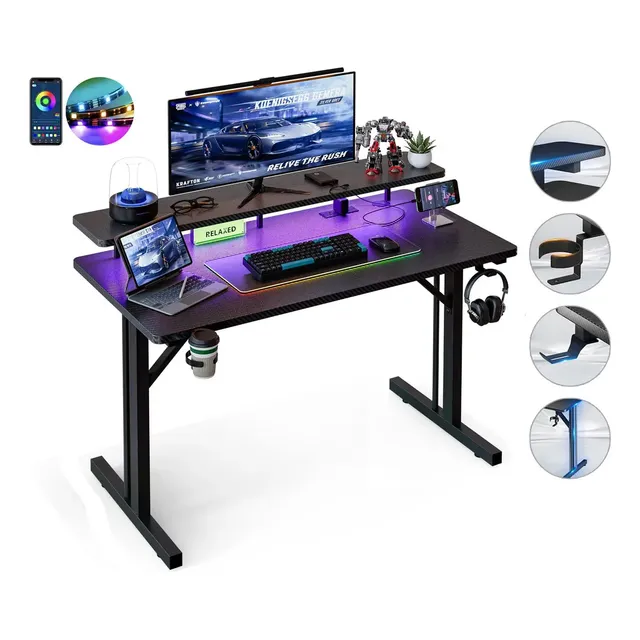 Escritorio Gamer Rgb Con Toma De Corriente Y Puertos Usb, Para Computadora Con Soporte Para Monitor Y Luces Led 100x60 C