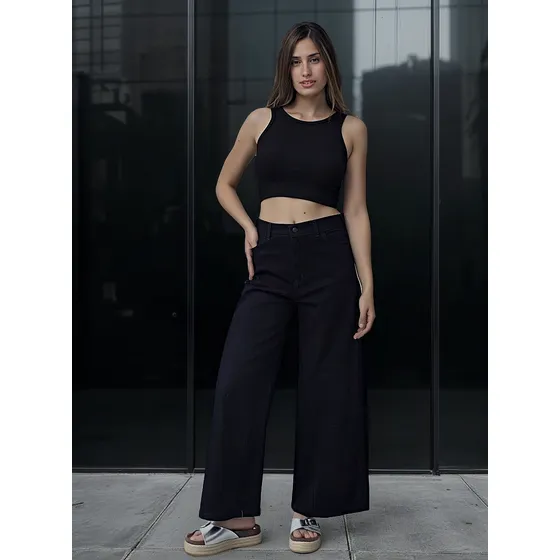 Wide Leg Negro Justina Tiro Alto Gabardina Rigida Byh