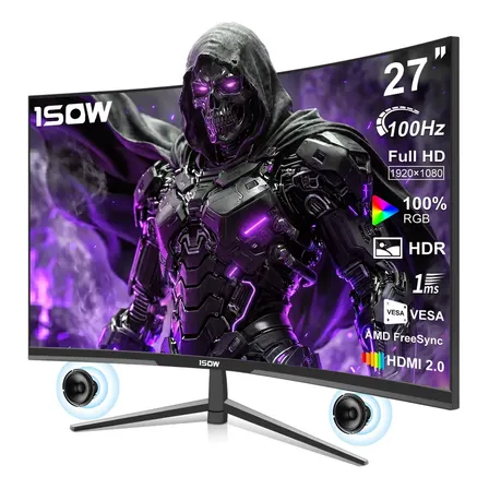 1SOW Monitor curvo para juegos de 27" sin bordes, 1 ms, 100 Hz, panel LED FHD VA, puerto HDMI, USB-C, AMD Freesync, negro