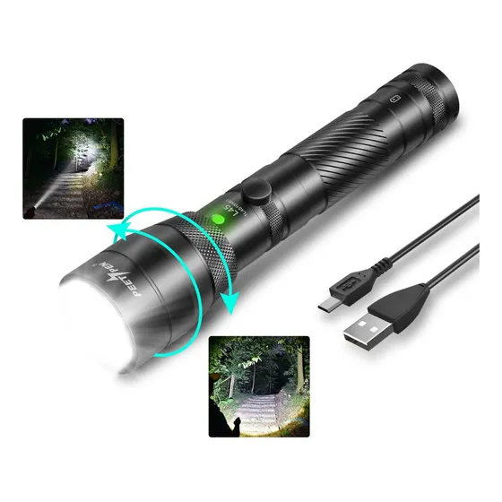 Lámpara Táctica Recargable Peetpen L45 Campismo Linterna Potente Color De La Luz 2000lm Zoom 4 Modos Ajustable Impermeable Typec Carga Rápida Camping Emergencias Outdoor Ipx7 Negro
