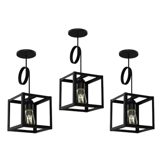 Luces Dormitorio Colgante Cubo Industrial E27 Negra Set X3