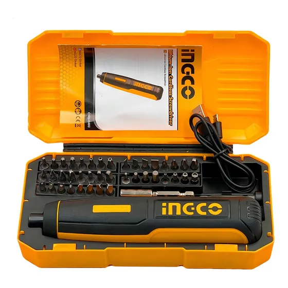 Destornillador Ingco 1/4 4 V con batería de iones de litio, puntas y carcasa, color amarillo, frecuencia 60 Hz, 110 V/220 V