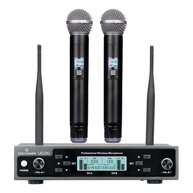 Gochanmi Ug210 Sistema de Micrófono Inalámbrico 2 Canales Mano Profesional Dinámico UHF Frecuencias Ajustables Micrófono para Cantar Karaoke Aula Distancia de Uso 100M