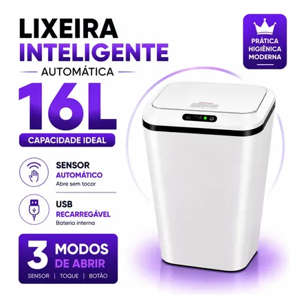 Foto de Lixeira Inteligente Automática 16L Sensor Infravermelho Recarregável USB-C 3 Modos Tampa Touch Banheiro Cozinha