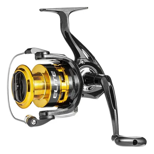 Carrete de pesca deportiva Elite Gold 2000 con 3 rodamientos, color negro y dorado en el lado derecho e izquierdo de la manivela