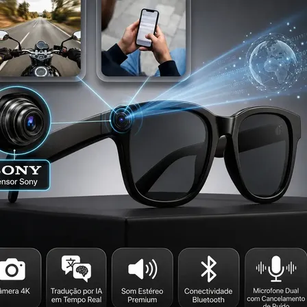 Óculos Inteligente Popsy de Sol 4K Full HD com Câmera e IA, Kit 3 Lentes, Bluetooth, Wifi e Tradução