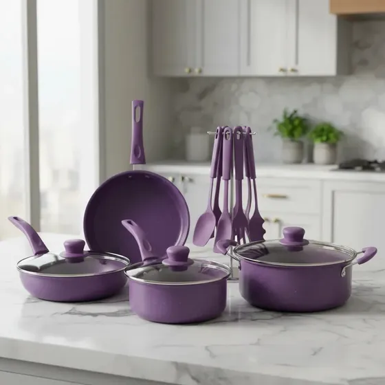 Juego De Ollas Cocina Antiadherente Set De Bateria 14 Piezas Color Morado