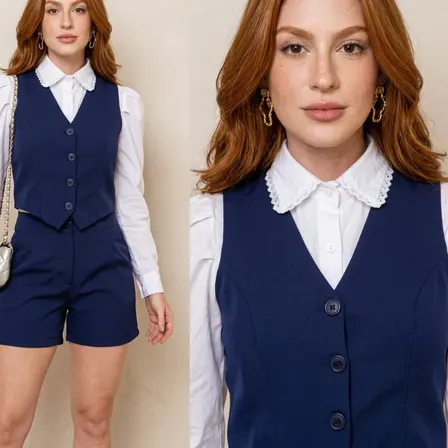Conjunto Feminino Casual Colete + Short Curto Alfaiataria