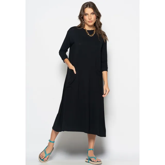 Vestido Midi Com Bolsos E Manga 7/8 Preto Salvatore
