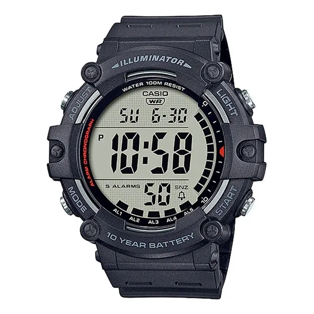 Reloj pulsera Casio Youth AE-1500 de cuerpo color negro, digital, fondo gris, con correa de resina color negro, dial negro, minutero/segundero negro, bisel color negro y plateado, luz ámbar