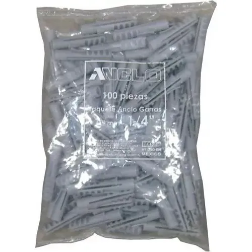 Taquete Garras 1/4 Plástico Gris 100 Pza Anclo (12 Bolsas) 