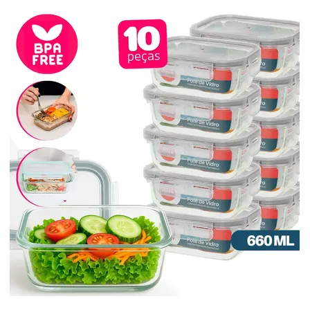 Pote Hermético De Vidro Marmita Kit C/10 De 660ml -com Trava Transparente