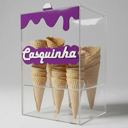 Porta Casquinha Cone Cestinha Sorvete Cascão Sorveteria Açaí Transparente Detalhes Roxo