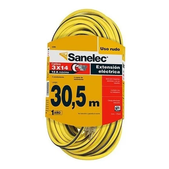 30m Extension Electrica Sanelec Uso Rudo Calibre 14awg 1650w
