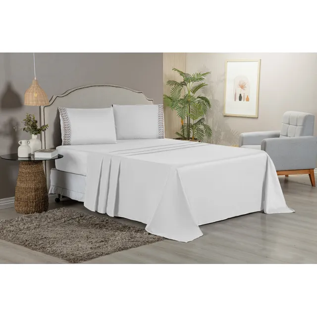 Kit Jogo Lençol Casal Bordado Inglês 100 Algodão 4 Peças