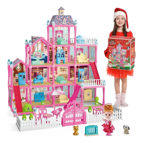 Casa De Muñecas Rosa Con Luces Villa Navideña 275 Piezas
