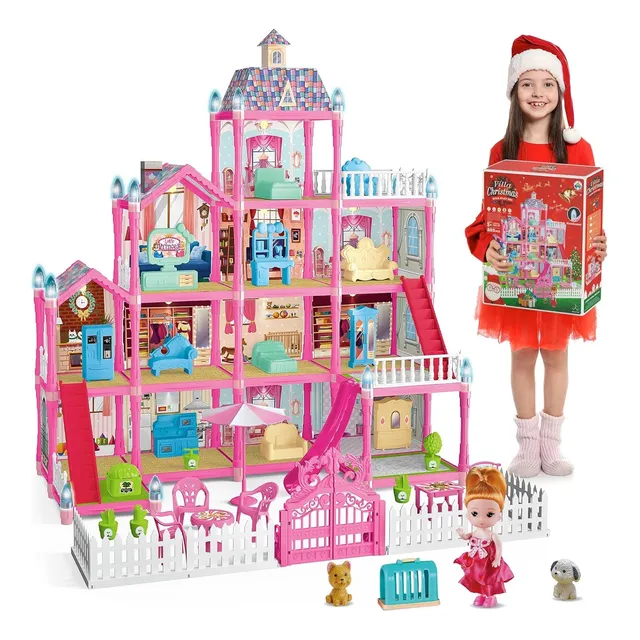 Casa De Muñecas Rosa Con Luces Villa Navideña 275 Piezas